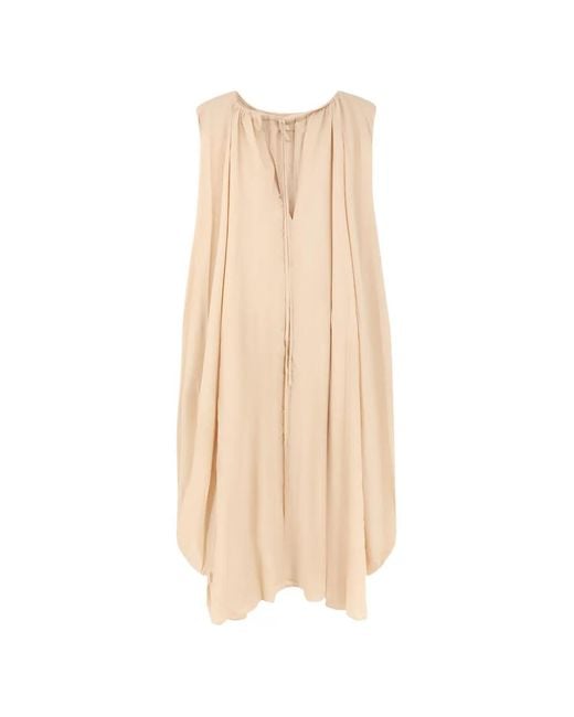 LAMRONS Natural Drawstring Asymmetrical-Hem Dress