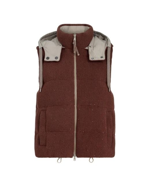 Brunello Cucinelli Brown Hooded Ribbed Knitted Down Vest