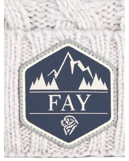 Fay White Cable-Knit Logo-Patch Beanie Hat