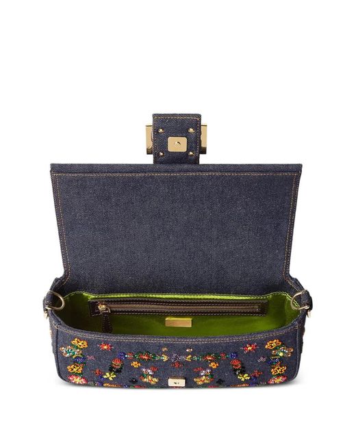 Fendi Blue Medium Baguette Floral-Motif Shoulder Bag