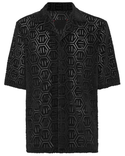 Philipp Plein Black Shirt Ss Bowling Fit Jacquard Monogram for men
