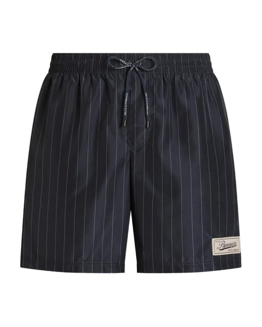 Dolce & Gabbana Gray Striped-Pattern Drawstring Swim Shorts for men