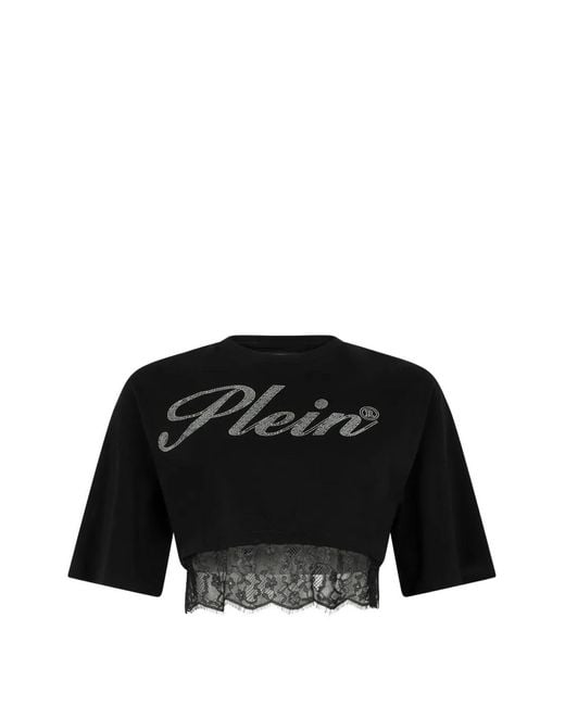 Philipp Plein Black Lace Cropped T-Shirt