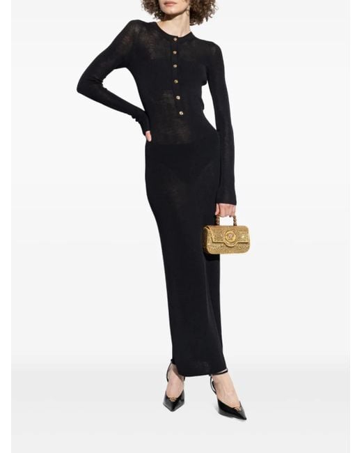 Versace Black Merino Wool Ribbed Knit Maxi Dress