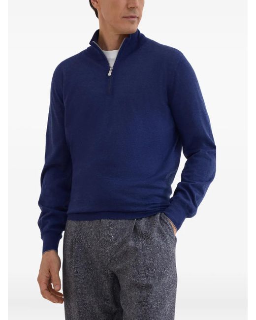 Brunello Cucinelli Blue High-Neck Zip-Up Sweater for men