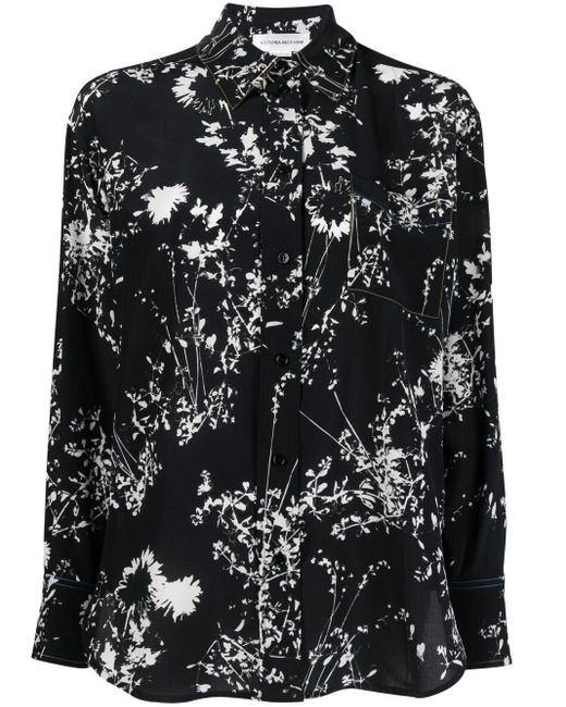 Victoria Beckham Black Floral-print Silk Shirt