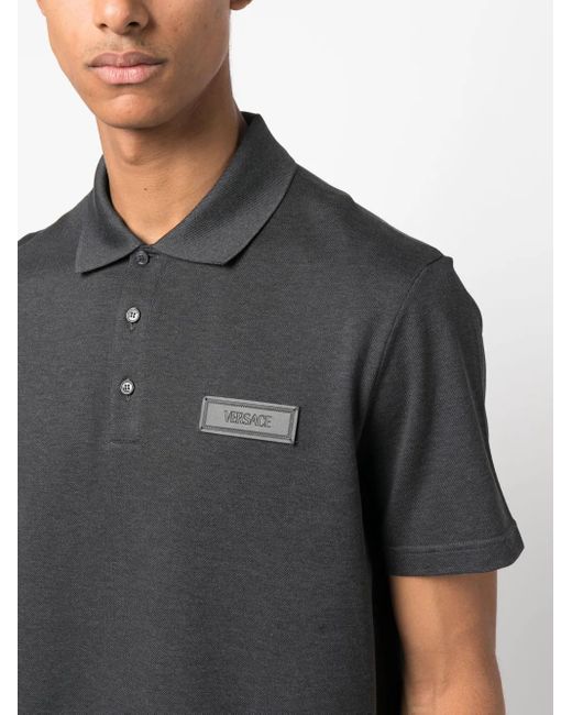 Versace Black Logo-Patch Cotton Polo Shirt for men