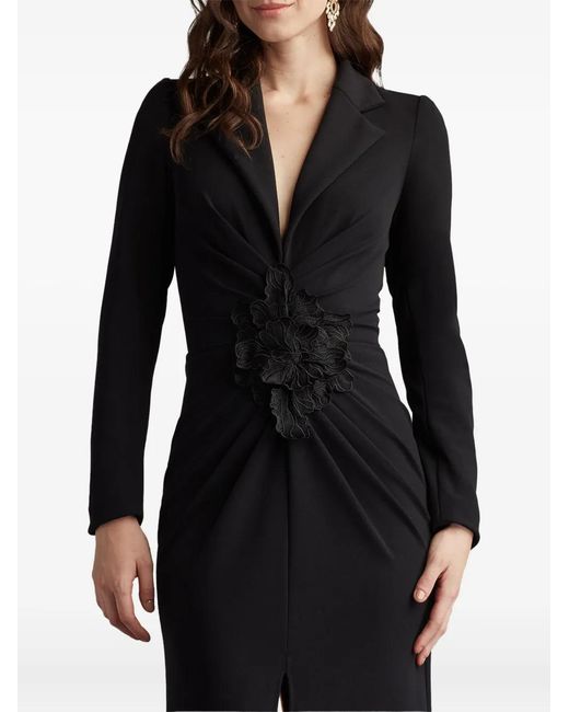 Tadashi Shoji Black Flower-Embellished V-Neck Gown