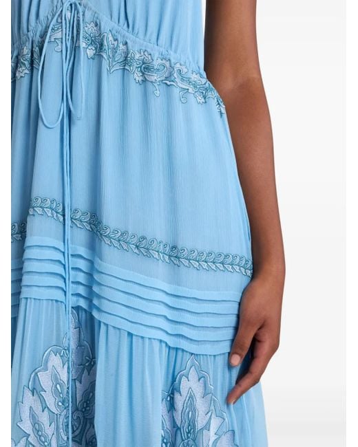 Etro Blue Floral-Embroidered Silk Dress