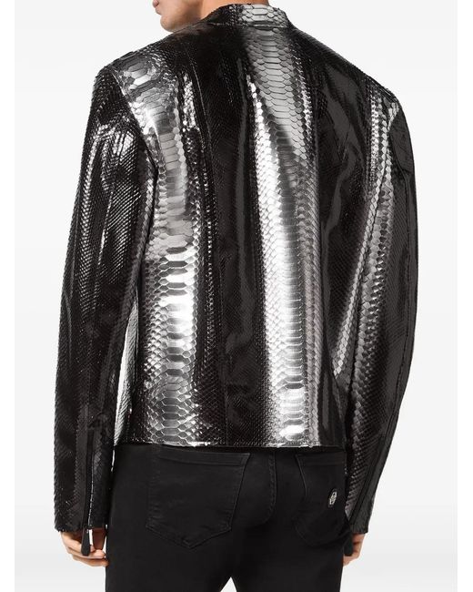 Philipp Plein Black Python-Skin Biker Jacket for men