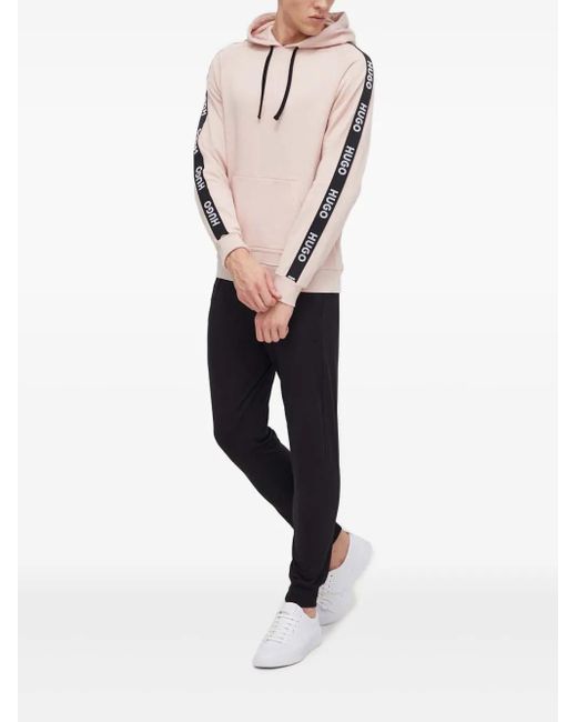 HUGO Pink Logo-Tape Hooded Sweatshirt for men