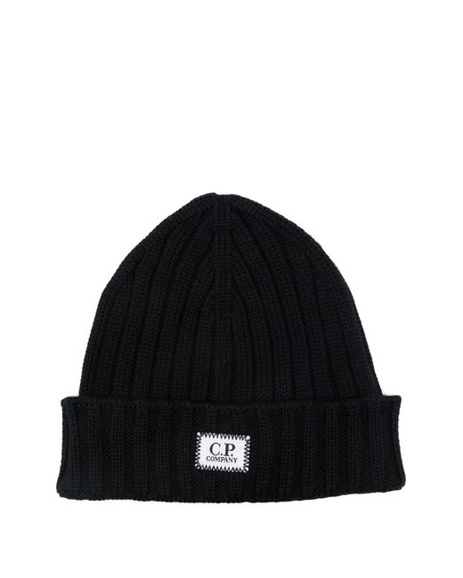 C P Company Black Logo-Patch Beanie Hat for men
