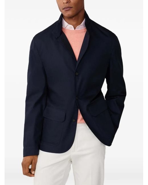 Hackett Blue Water-Resistant Stand-Collar Single-Breasted Cotton Blazer for men