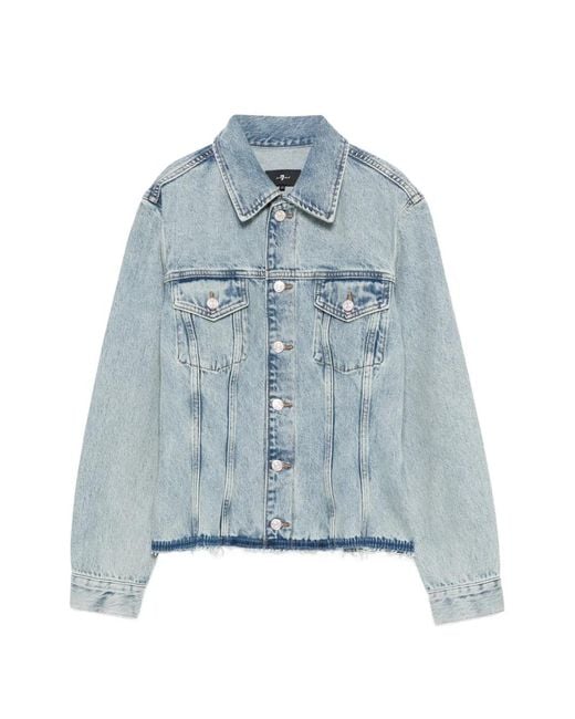 7 For All Mankind Blue Trucker Button Frayed Jacket