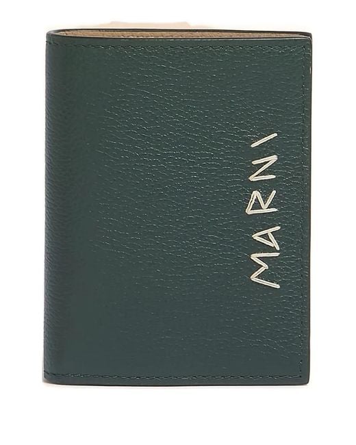 Marni Green Leather Bifold Wallet With Mending-Embroidery for men