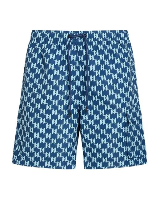 Karl Lagerfeld Blue Monogram-Pattern Swim Shorts for men
