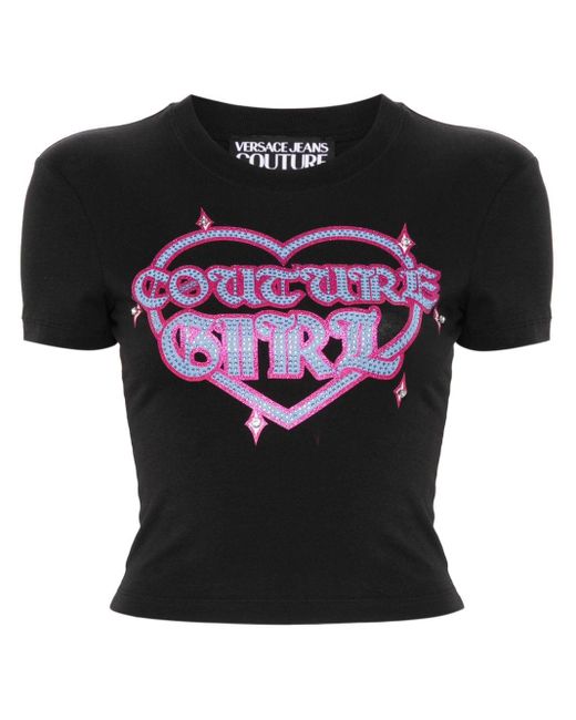 T-shirt orné de cristaux à logo imprimé Versace en coloris Black