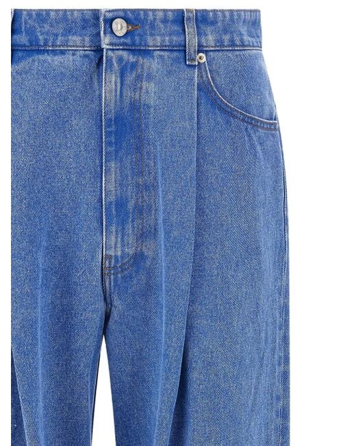 Marni Blue Wide-Leg Pleat Jeans With Contrast Stitching And Suede Logo for men