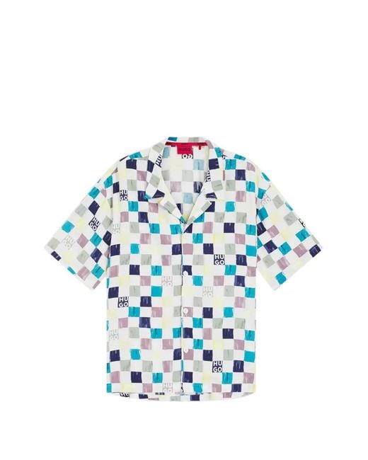 HUGO Blue Check-Print Logo-Print Short Sleeved Shirt for men