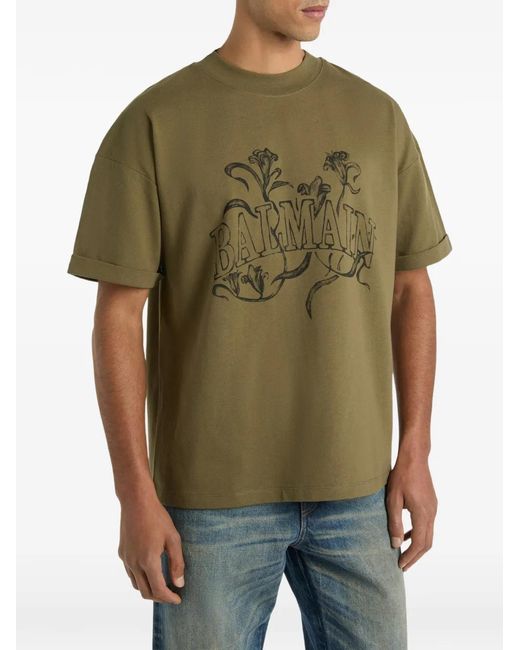 Balmain Green Printed Bloom T-Shirt for men