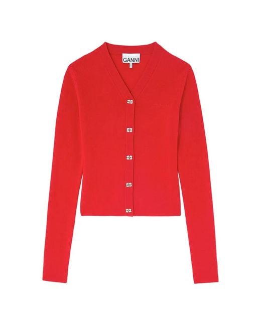 Ganni Red Logo-Button V-Neck Cardigan