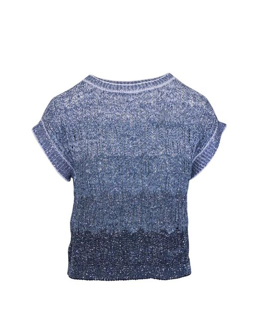 D.exterior Blue Sequin-Embellished Ombre-Effect Top