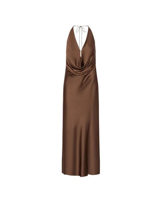 ROTATE BIRGER CHRISTENSEN Brown Elegant Halter Neck Long Dress With Deep V-Neckline