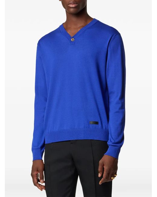 Versace Blue Silk-Cotton Knit V-Neck Sweater for men