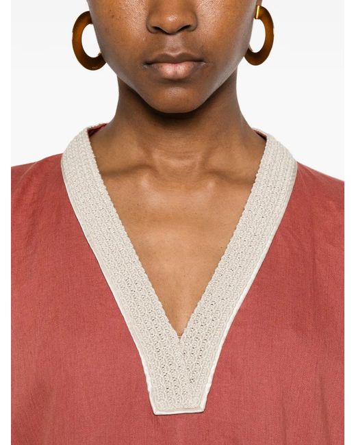 Agnona Red V-Neck Trim-Detail Maxi Dress