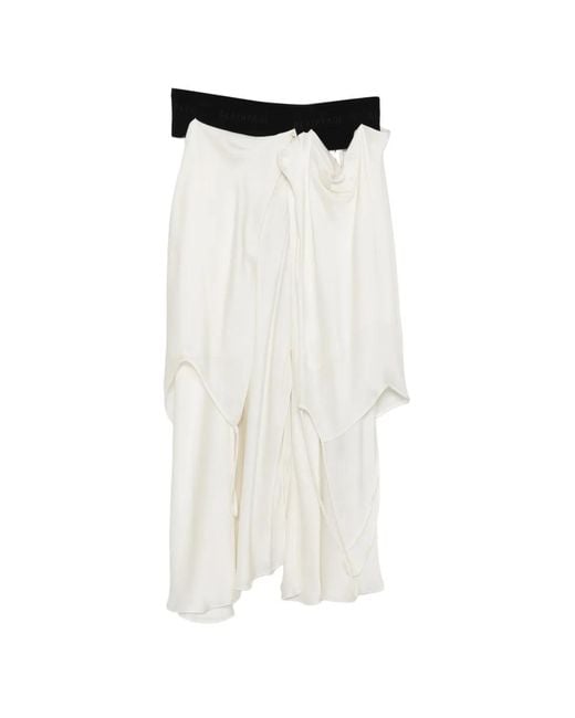 ALAINPAUL White Draped Logo-Waistband Asymmetric Midi Skirt
