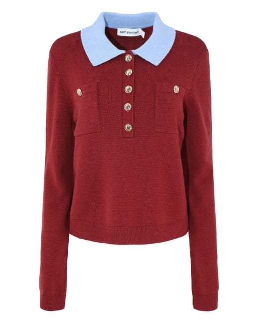 Self-Portrait Red Patch-Pockets Knitted Polo Top