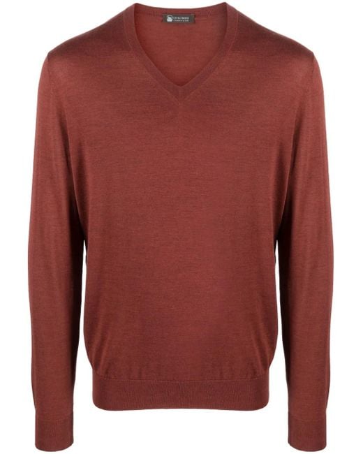 Colombo Red Fine-Knit V-Neck Jumper for men