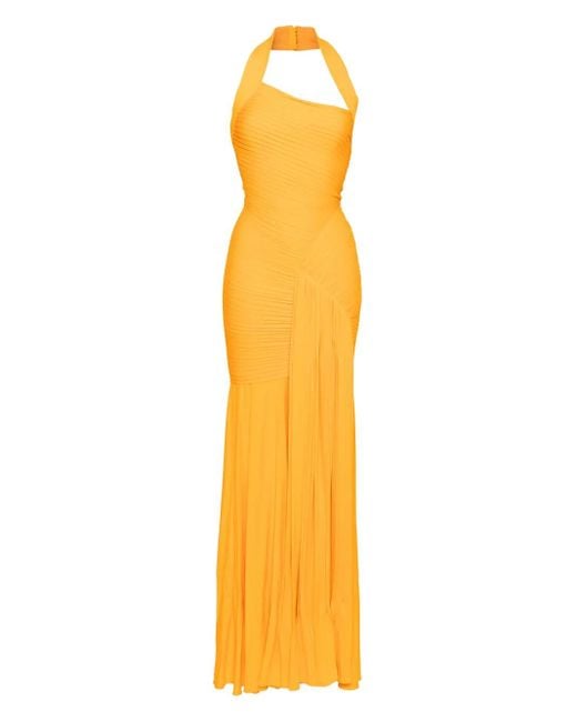 Hervé L. Leroux Metallic Asymmetric Halter Hand Draped Fishtail Gown