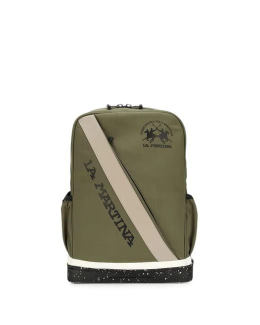 La Martina Green Logo-Print Contrast-Stripe Backpack for men