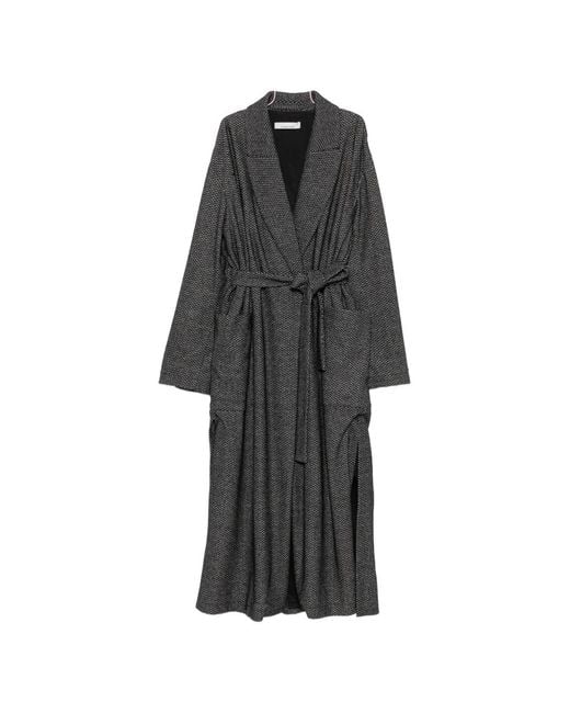 Liviana Conti Black Herringbone-Pattern Belted Coat