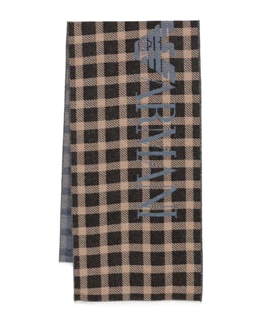 Emporio Armani Gray Check-Pattern Logo Scarf for men