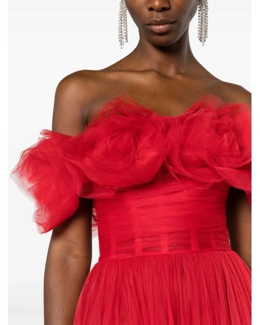 Ana Radu Red Floral-Appliqué Tulle Midi Dress