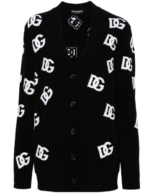 Cardigan en laine vierge à logo intarsia Dolce & Gabbana en coloris Black