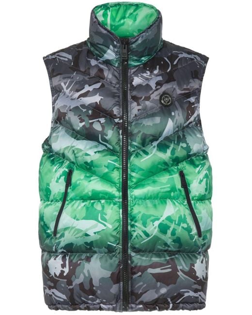 Philipp Plein Green Camouflage-pattern Padded Vest for men
