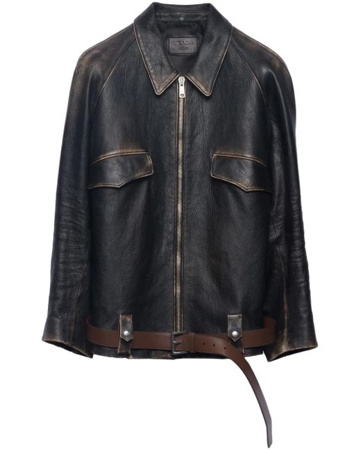 Prada Black Vintage-Finish Triangle-Patch Leather Blouson Jacket