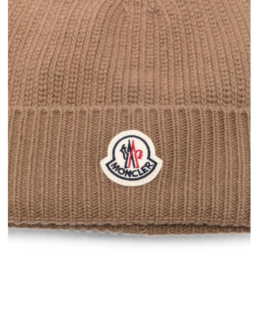 Moncler Brown Logo-Patch Ribbed-Knit Beanie Hat for men