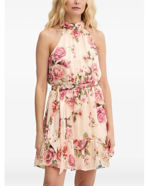 Guess Pink Floral-Print Halterneck Mini Dress