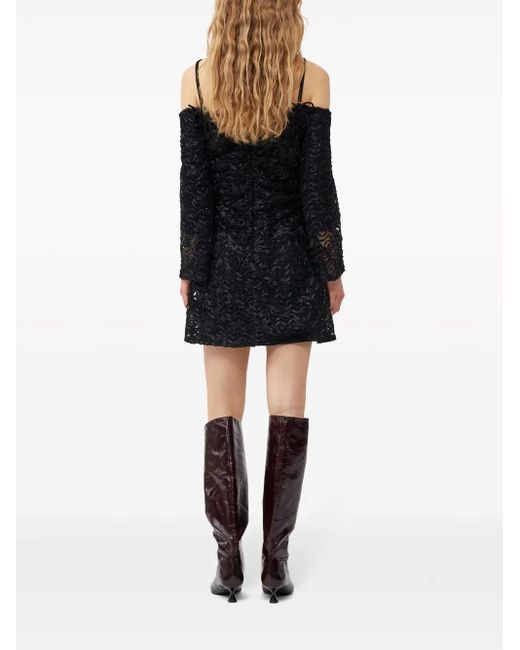 Ganni Black Off-Shoulder Bow-Pattern Minidress