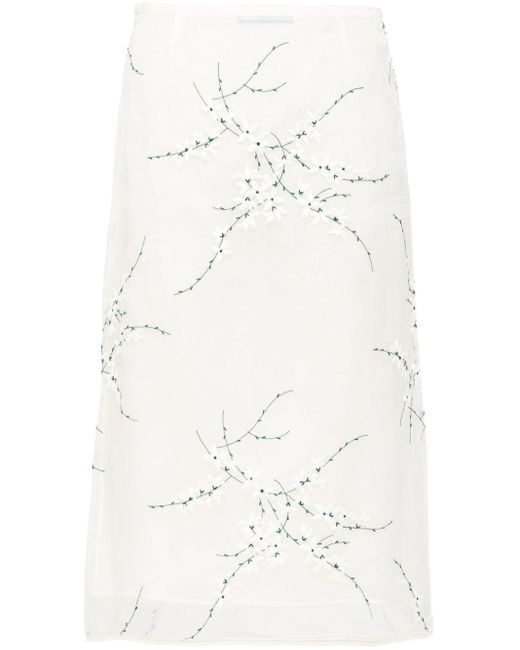 Prada White Floral-embroidered Sheer Organza Midi Skirt