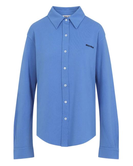 Camisa de algodón con logo bordado Miu Miu de color Blue