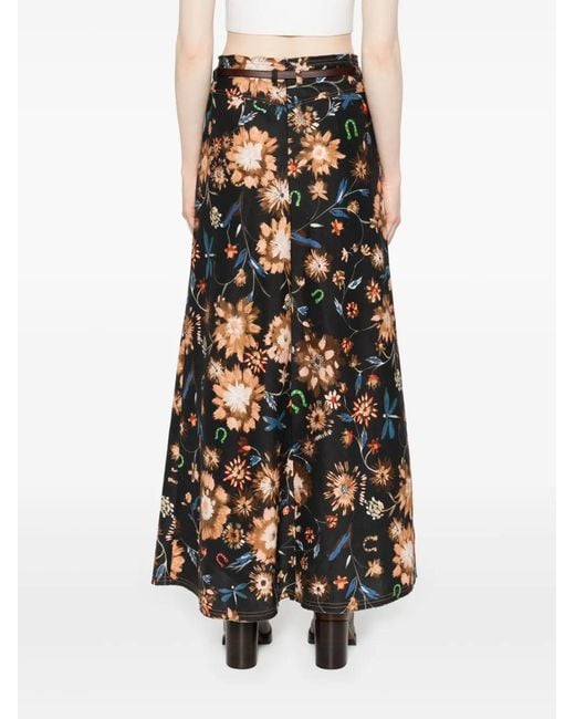 Dorothee Schumacher Black Floral-Print Linen Midi Skirt