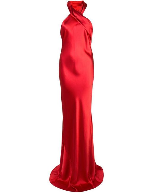 Galvan Red Halterneck Satin Maxi Dress