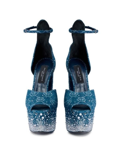 Philipp Plein Blue Sandales Plateforme Monogrammées À Strass