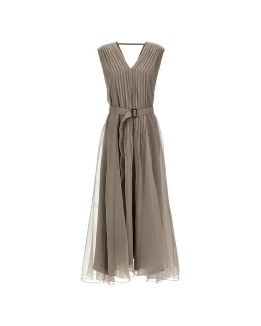 Brunello Cucinelli Natural Pleated V-Neck Silk Maxi Dress