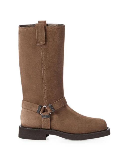 Brunello Cucinelli Brown Suede Biker Boots With Shiny Loops